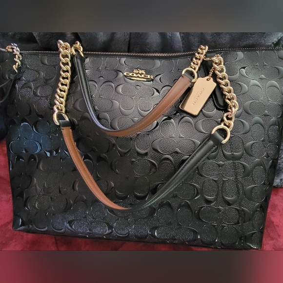 Coach Handbags - NWT – $475 COACH Ava Chain Black Signature Debossed Tote